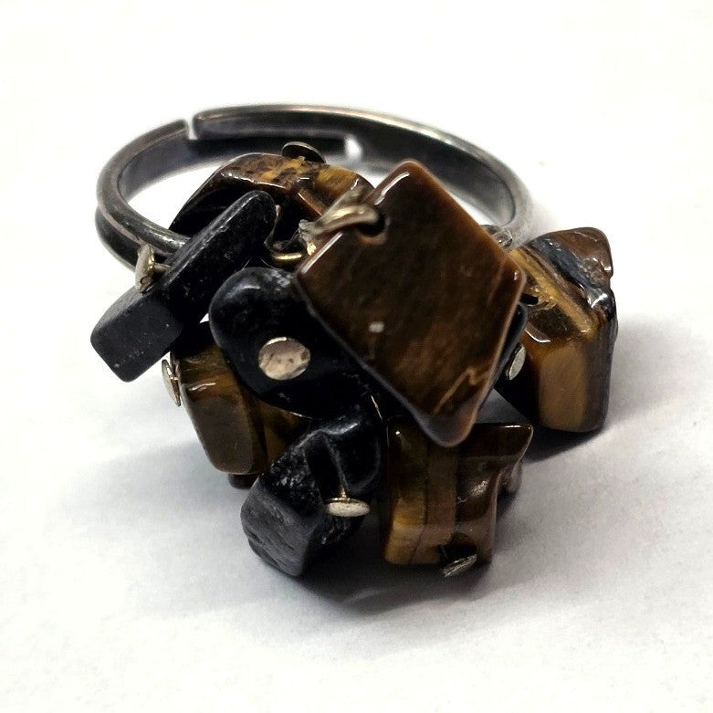 Vintage Tigers Eye Black Chip CHa CHa Stone Cluster Statement Ring 7 Brown Black