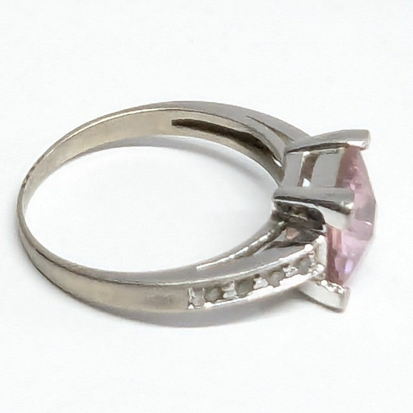 Sterling Silver 925 Pink Stone Ring Size 6.5 Square Cut Faceted Clear Rhinestone