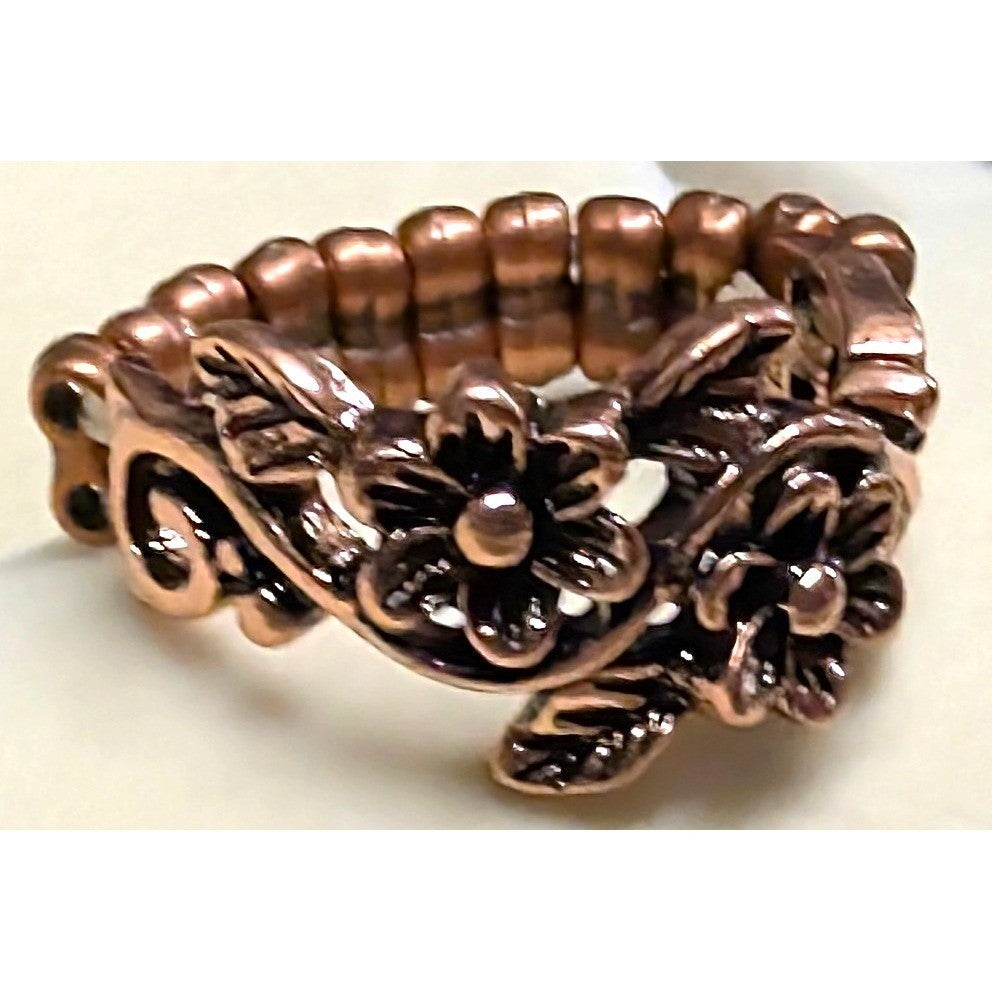 New Flowers Floral Ring Copper Tone Stretch Band Leaves Boho Hippy Botanical