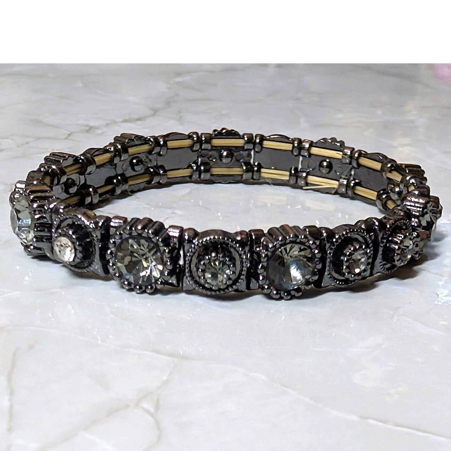 New Stretch Bracelet Gunmetal Gray Round Rhinestones Rainbow Sparkle Gothic Glam