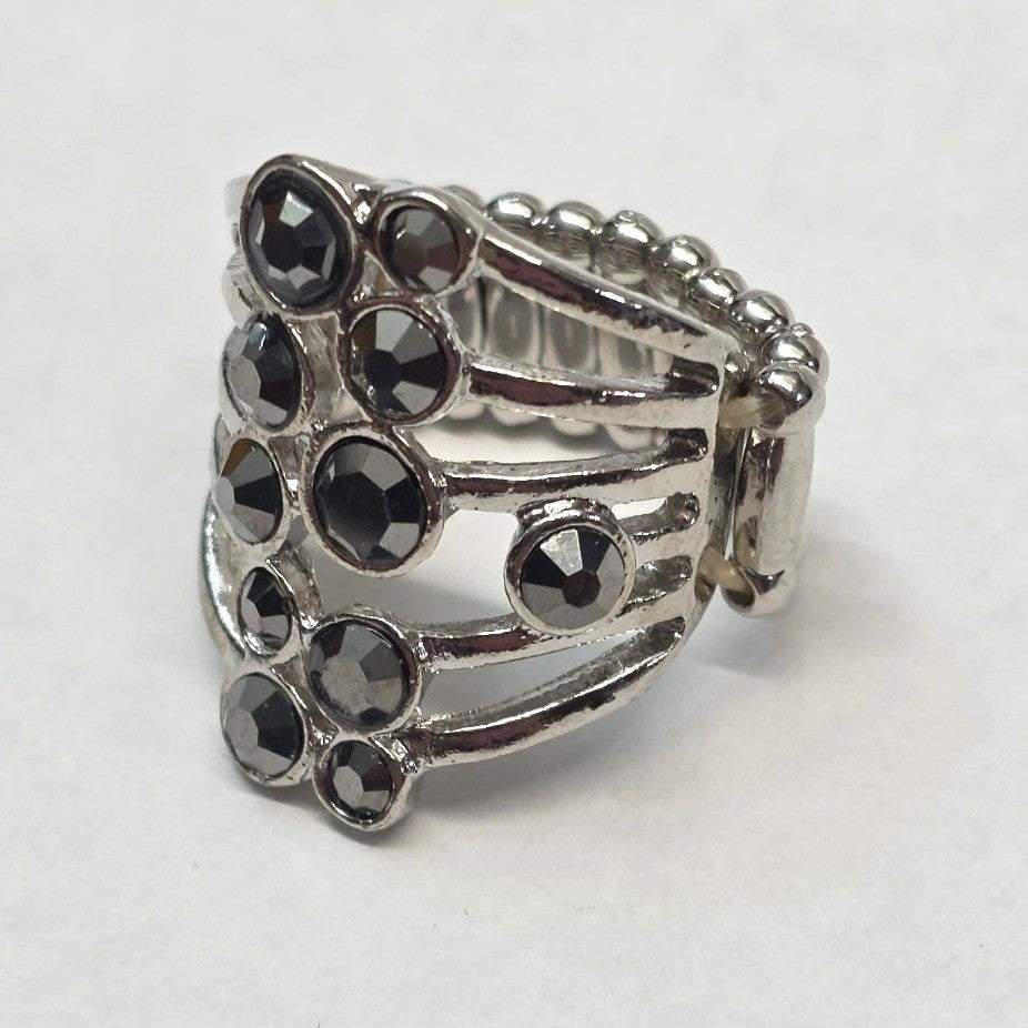 New Dark Rhinestone Stretch Band Ring Gray Silver Tone Statement Chunky PLus