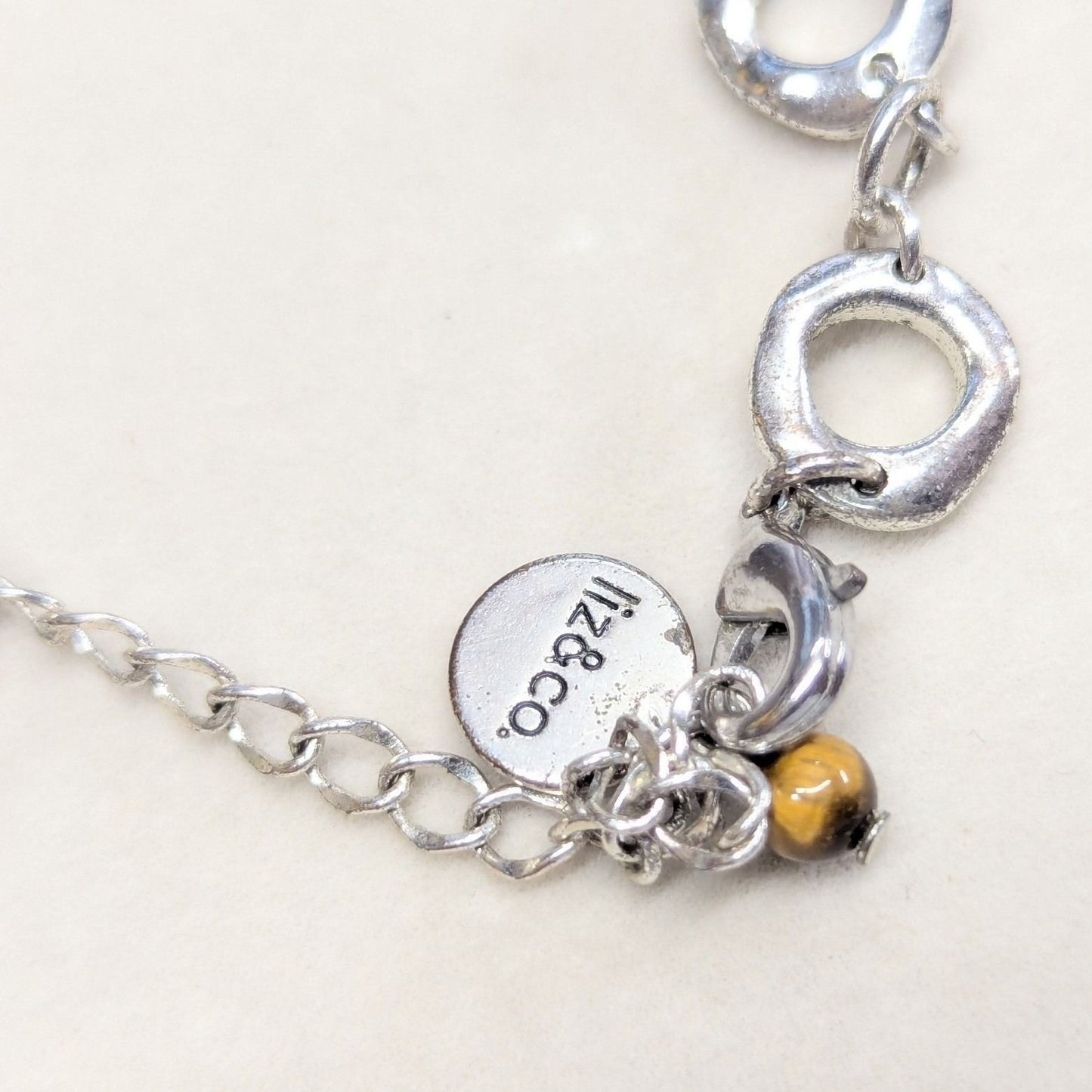 Liz & Co Claiborne Circle Link Necklace SilverTone Textured Modernist Tiger Eye