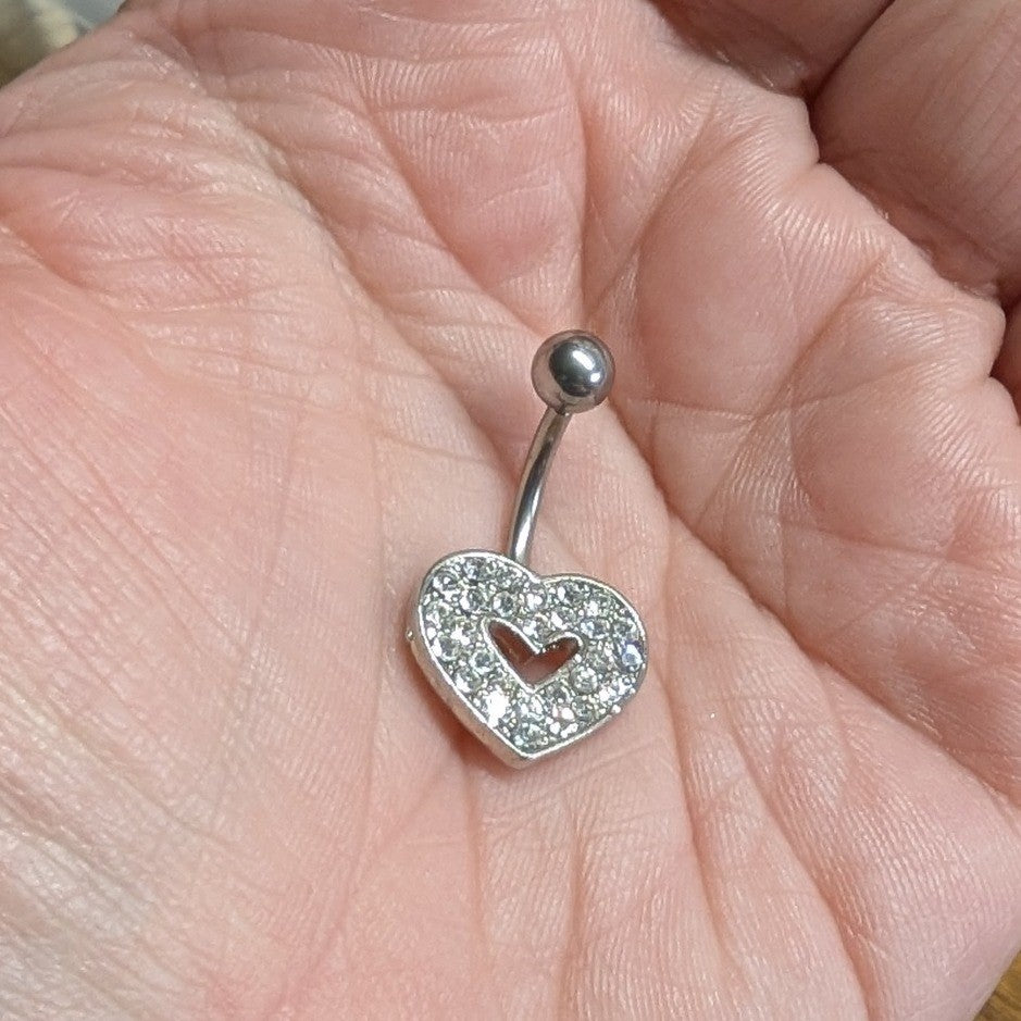 Heart Belly Button Ring SilverTone Clear Rhinestones Curved Barbell Navel