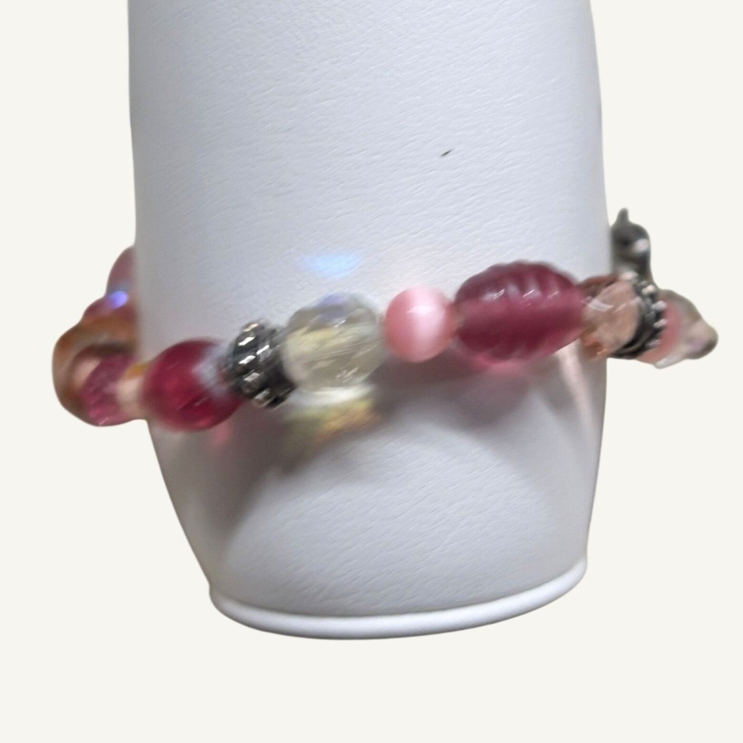 Handmade Pink Beaded Bracelet Pink Cat Eye Silver Tone Crystal Glass 8.5 Large
