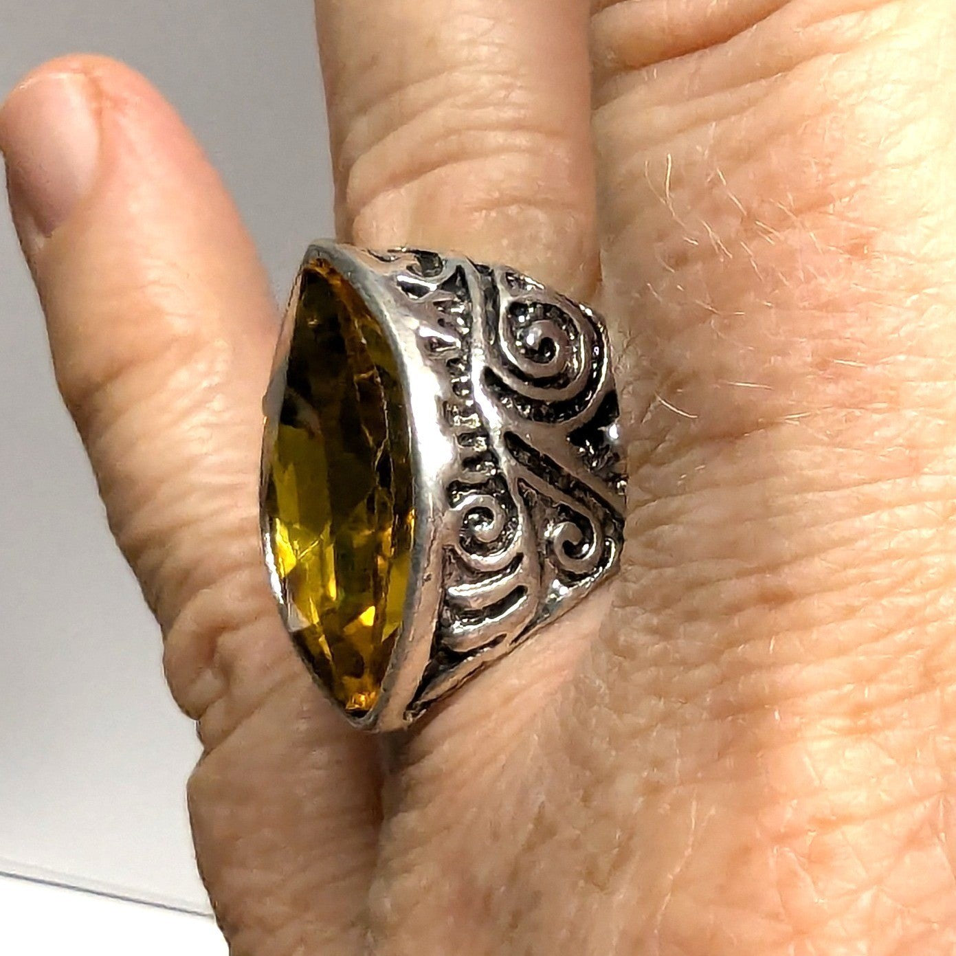 SilverTone Marquise Faceted Yellow Citrine November Statement Ring Plus Size 11