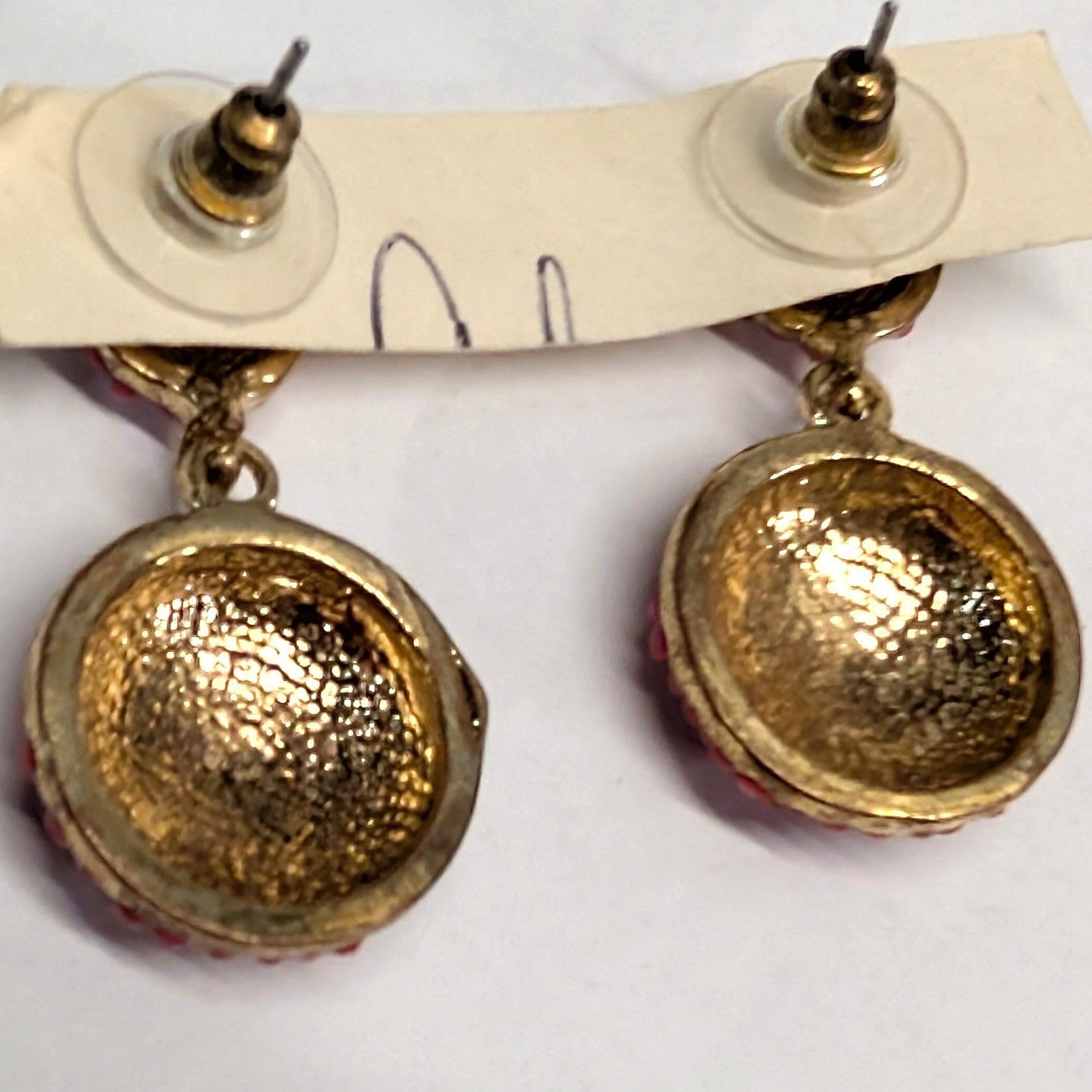 Vintage Beaded Drop Earrings Pink GoldTone Dangle Seed Bead Pavé Dome Round 1.25