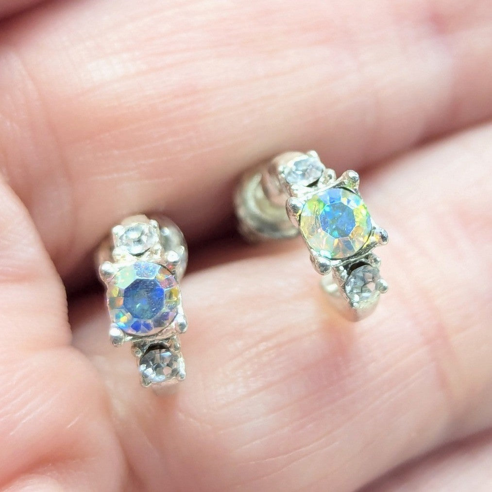 Vintage AB Crystal J Hoop Earrings Small Silver Tone Iridescent Rhinestones