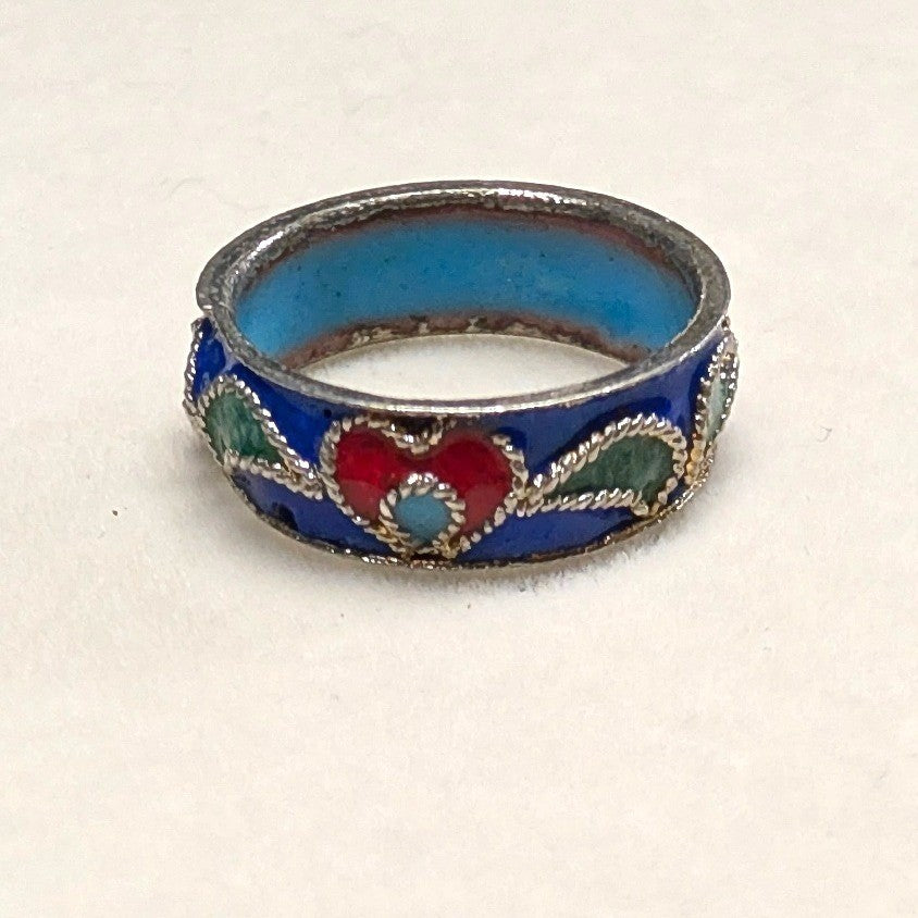 Vintage Cloisonne Enamel Inside Heart Band Ring Size 5.5 Blue Red Green Boho