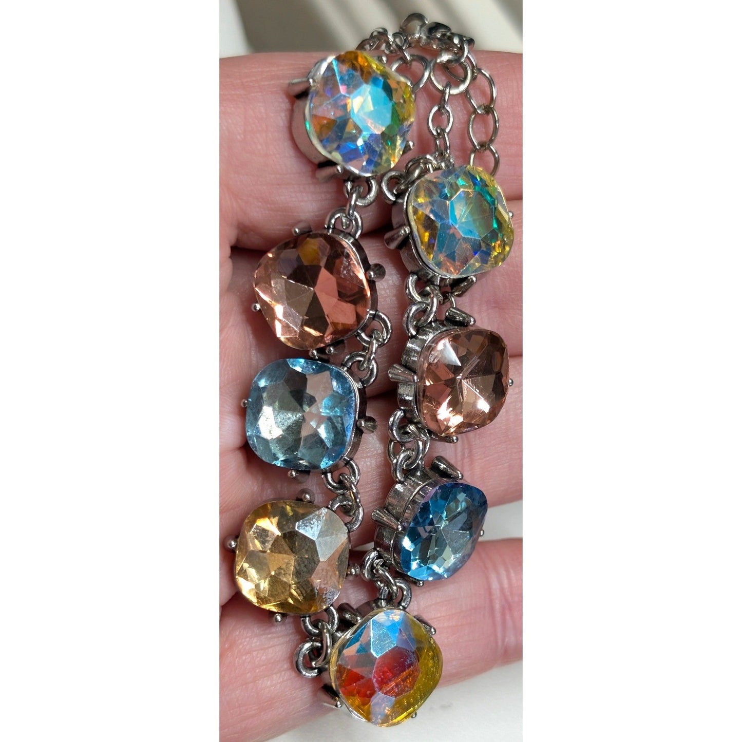New Multicolor Crystal Link Bracelet Silver Tone Iridescent AB Aurora Borealis