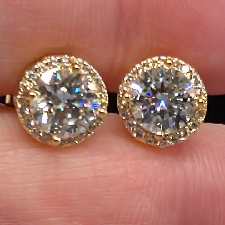 New 14K GP Gold Plated GRA Moissanite Stud Earrings Halo Brilliant Cut 1.0ct D
