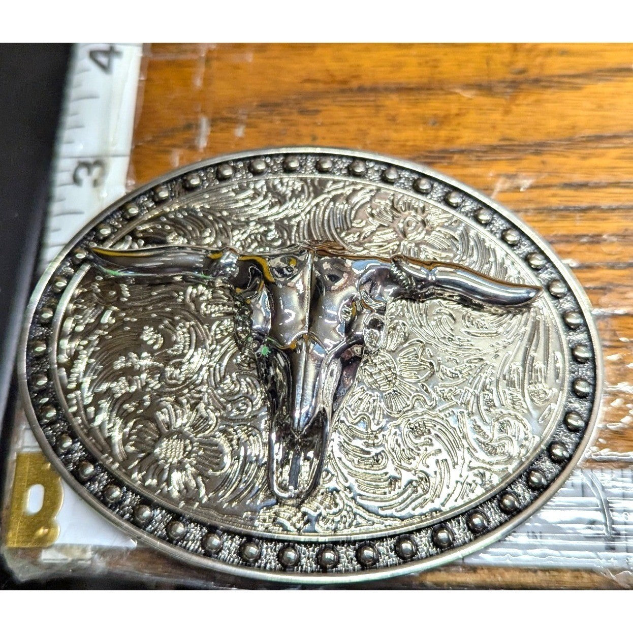 New Western Longhorn Bull Skull Belt Buckle SilverTone Oval Floral Western Rodeo