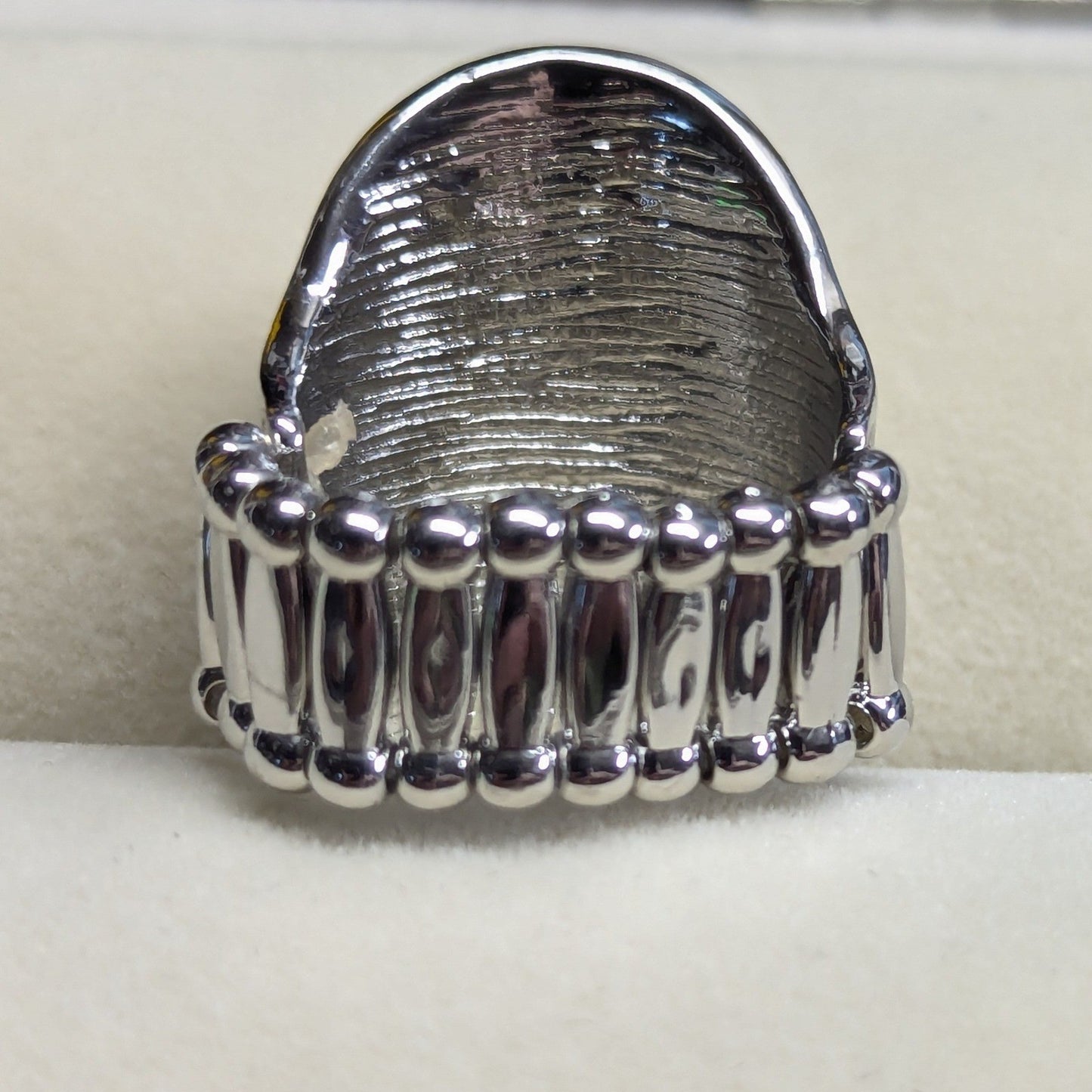 New Ring Silver Tone Oval Textured Stretch Band Boho Peasant
