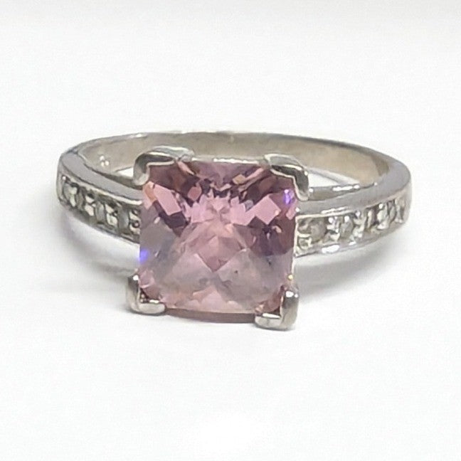 Sterling Silver 925 Pink Stone Ring Size 6.5 Square Cut Faceted Clear Rhinestone