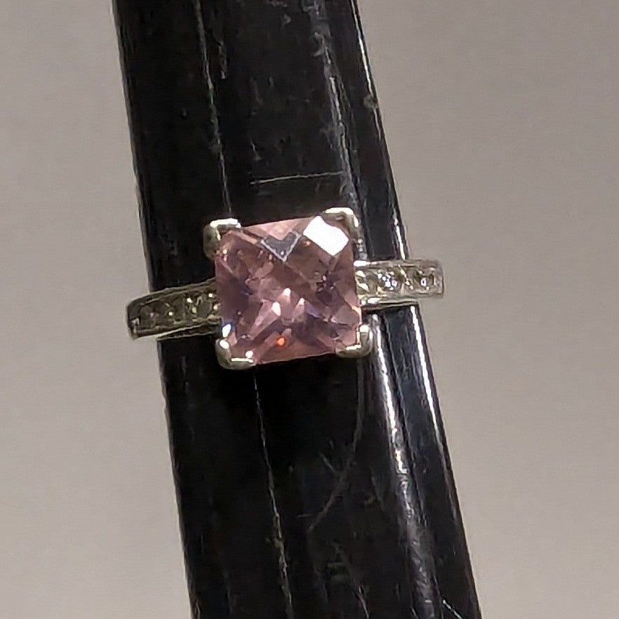 Sterling Silver 925 Pink Stone Ring Size 6.5 Square Cut Faceted Clear Rhinestone