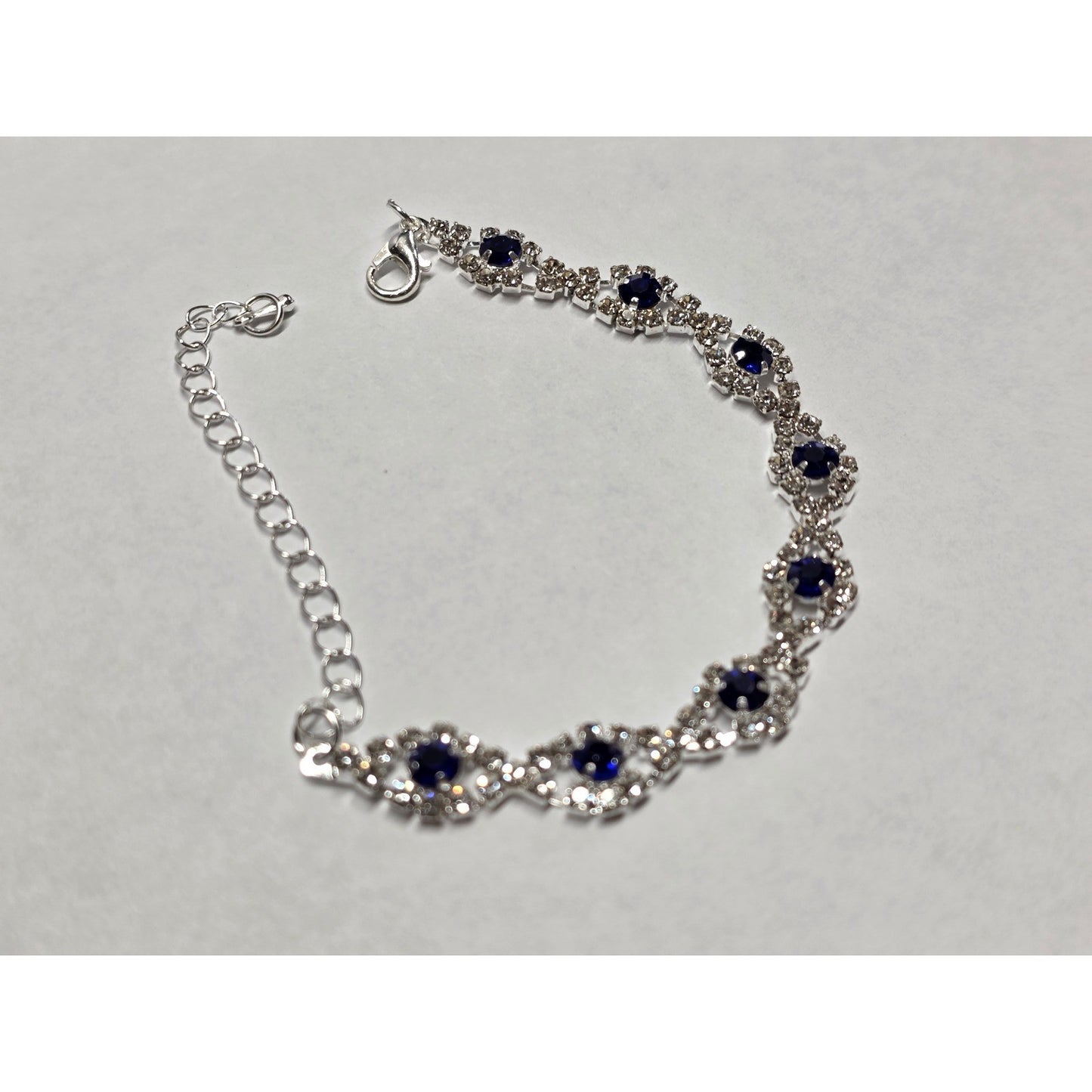 New Blue Clear Rhinestone Tennis Bracelet Silver Tone Formal up to 9 Inches Prom