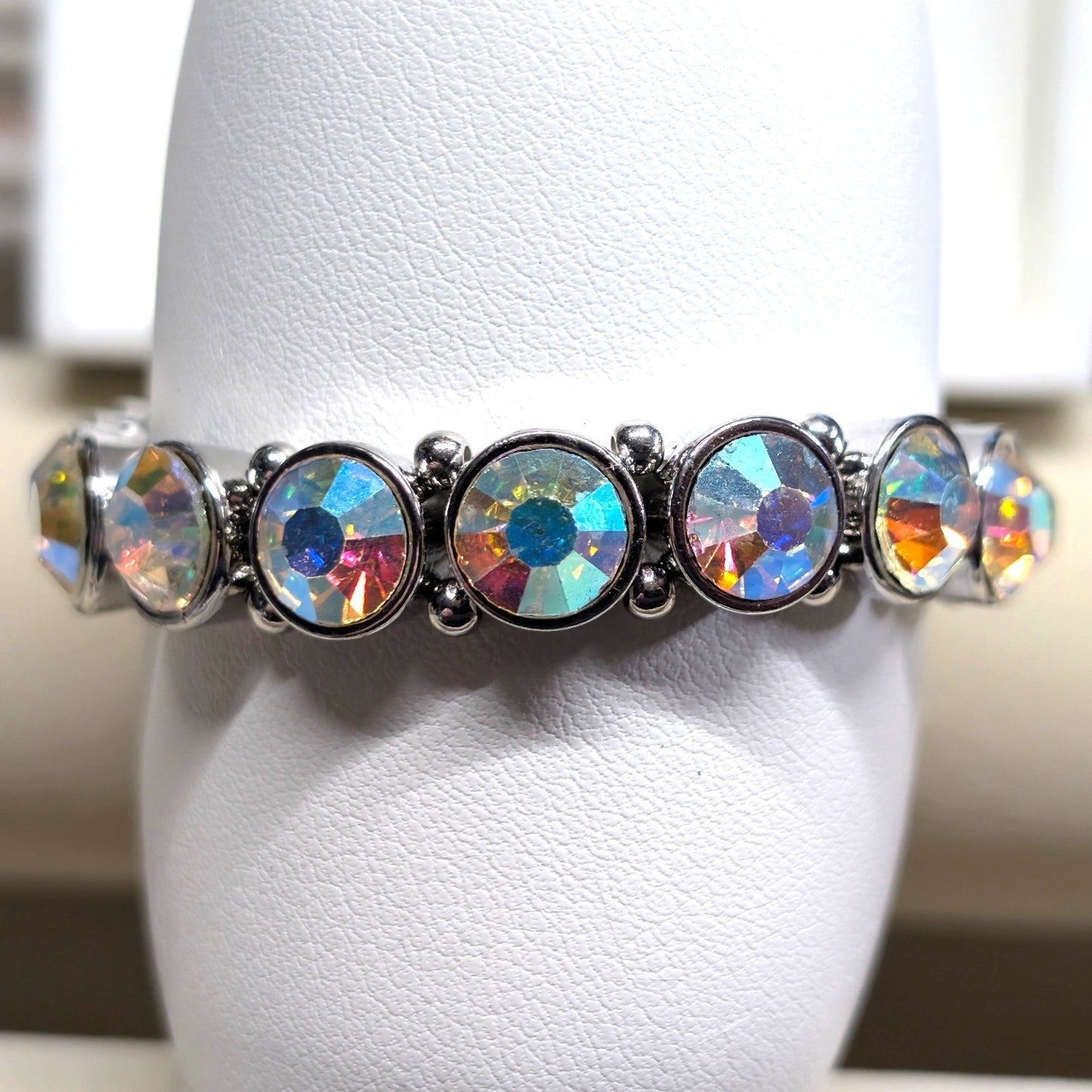 New Aurora Borealis Crystal Stretch Bracelet Silver Tone Iridescent AB Wedding