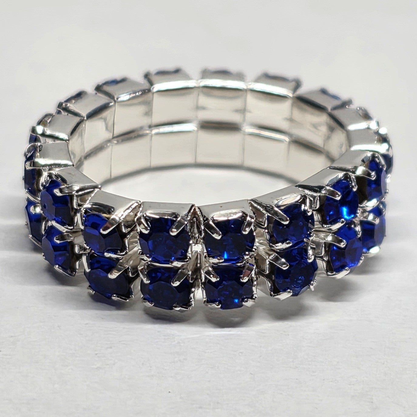 New Blue Rhinestone Stretch Ring Band Two Rows Silver Tone Crystal