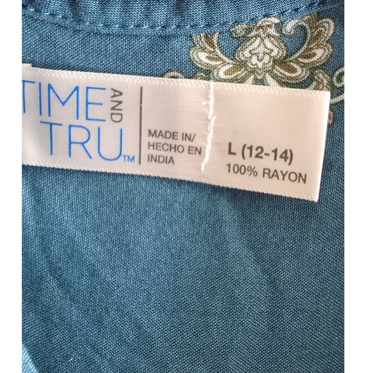 Time and Tru Boho Medallion Print Mini Dress Top Size Large Lg Teal Blue Ruffle