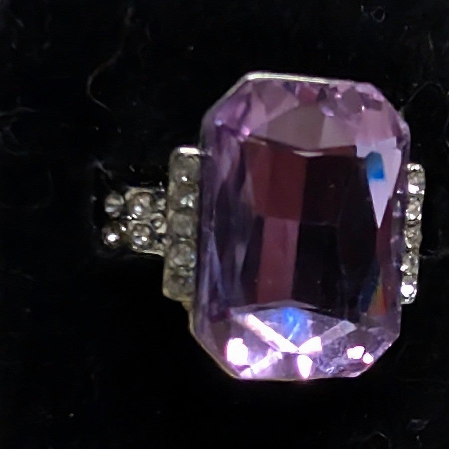New Purple Emerald Cut Chunky Clear Rhinestone Statement Ring SilverTone Stretch
