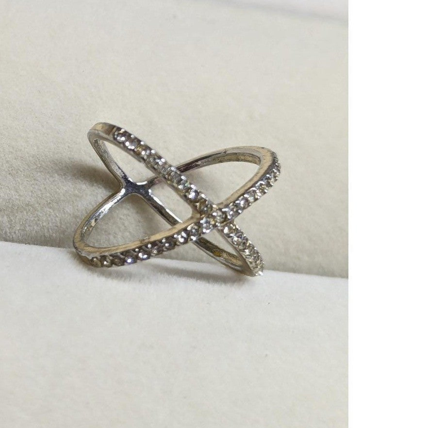 Clear Rhinestones Crystal X Ring Size 7 SilverTone Pave Criss Cross Crossover