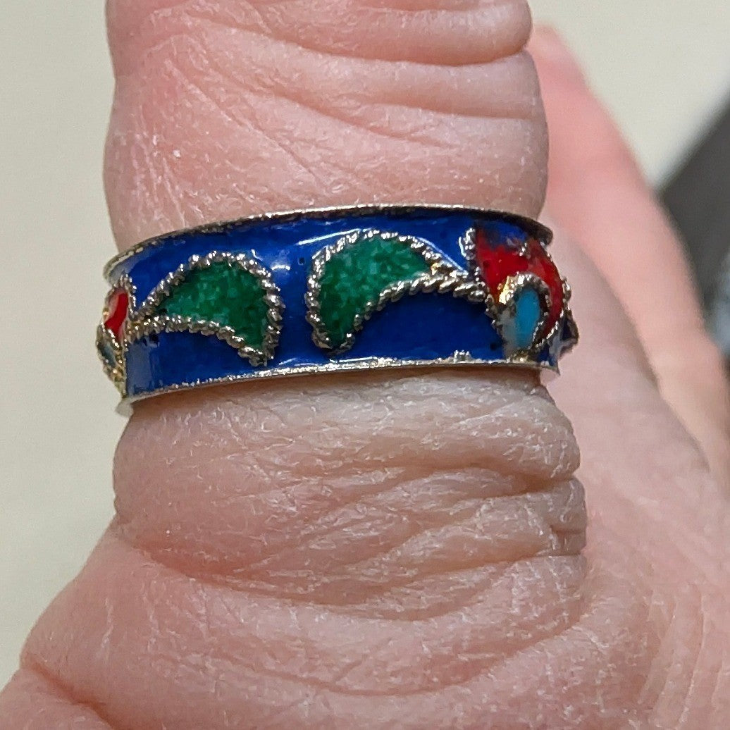 Vintage Cloisonne Enamel Inside Heart Band Ring Size 5.5 Blue Red Green Boho