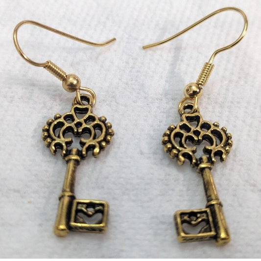 New Skeleton Key Dangle Earrings Gold Brass Tone Victorian Steampunk Handmade
