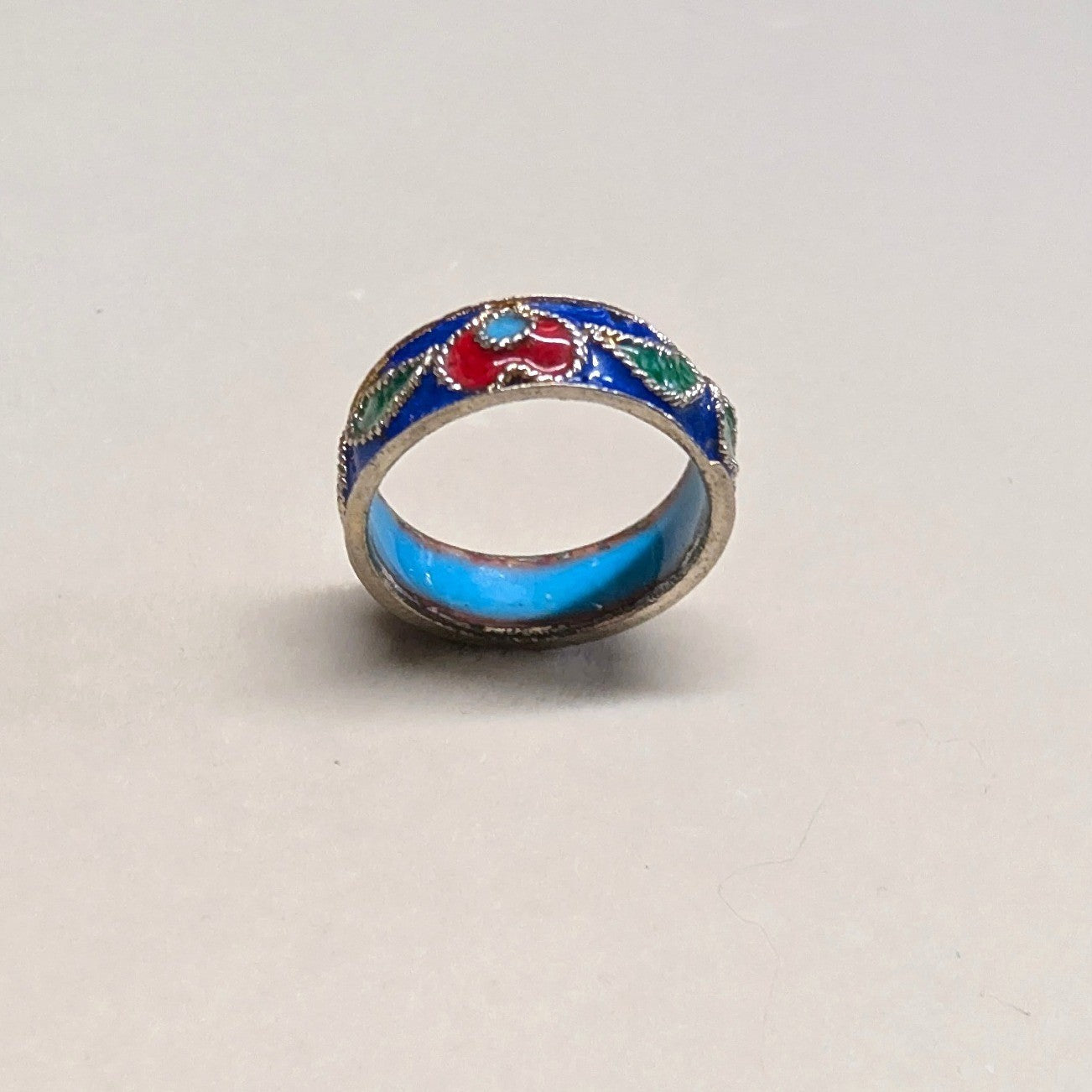 Vintage Cloisonne Enamel Inside Heart Band Ring Size 5.5 Blue Red Green Boho