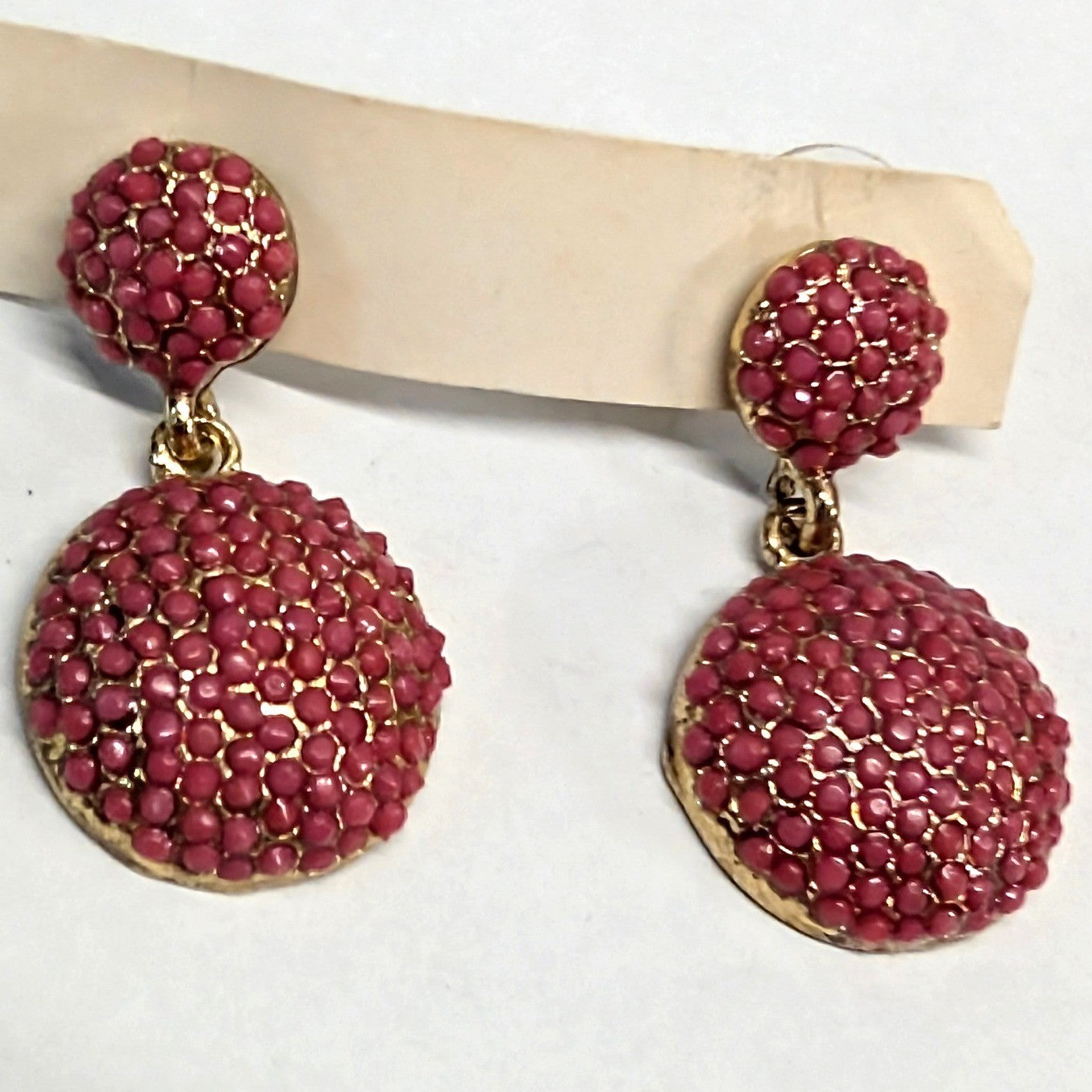 Vintage Beaded Drop Earrings Pink GoldTone Dangle Seed Bead Pavé Dome Round 1.25