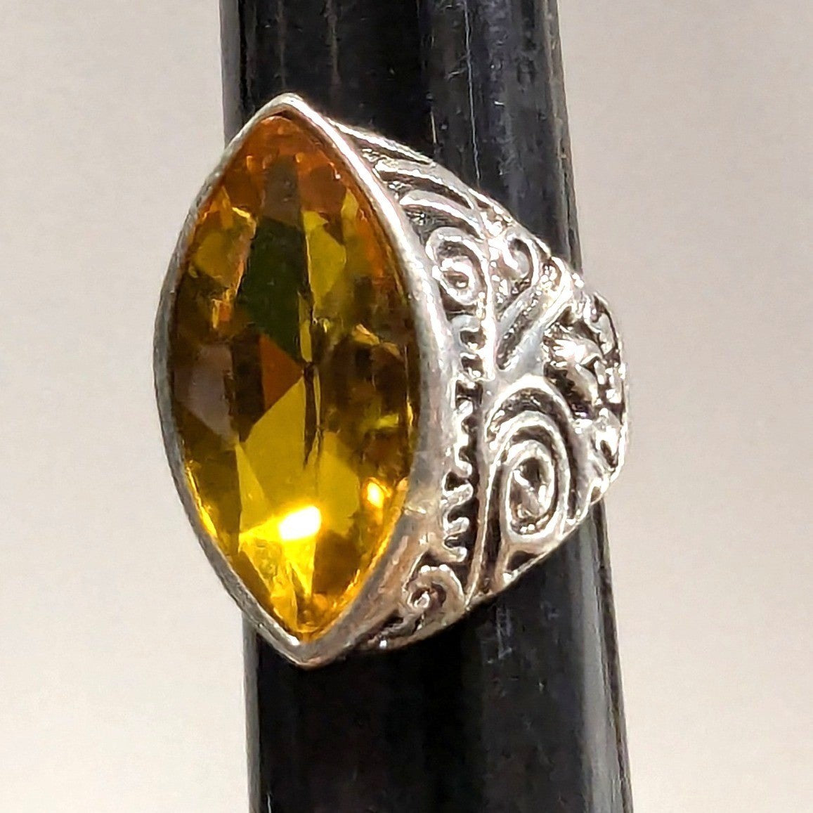 SilverTone Marquise Faceted Yellow Citrine November Statement Ring Plus Size 11