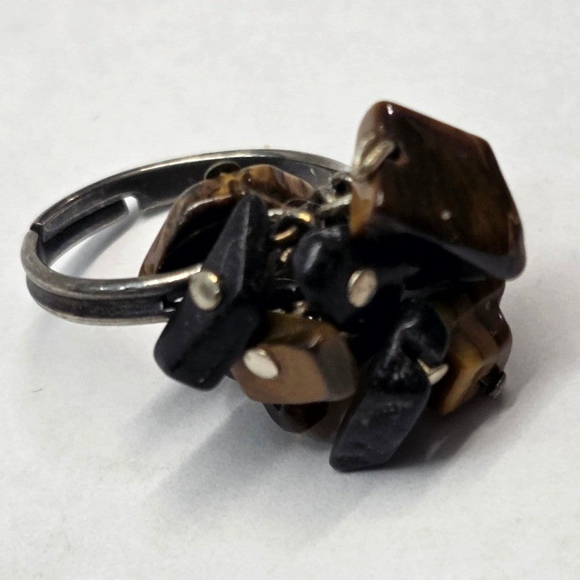 Vintage Tigers Eye Black Chip CHa CHa Stone Cluster Statement Ring 7 Brown Black