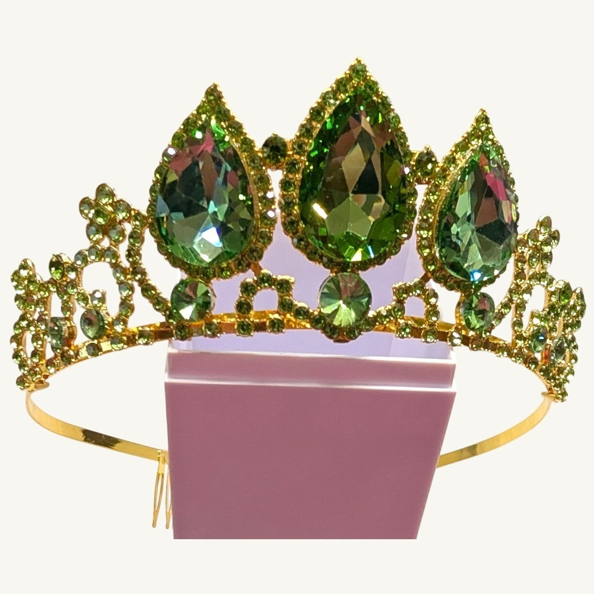 New Tiara Crown Green Gold Tone Rhinestone Crystal Teardrop Pageant Crown August
