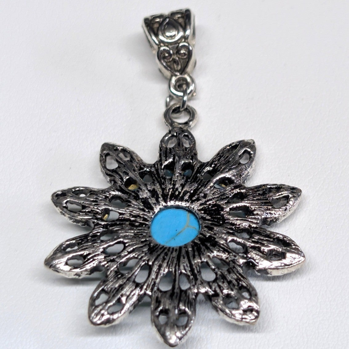 Vintage New Faux Turquoise Flower Pendant Teal Blue Silver Tone Rhinestone Boho