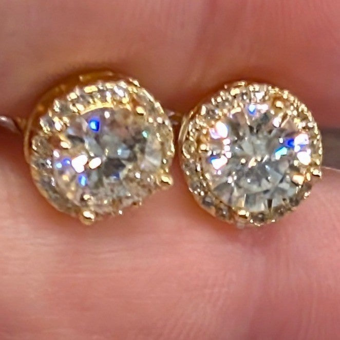 New 14K GP Gold Plated GRA Moissanite Stud Earrings Halo Brilliant Cut 1.0ct D