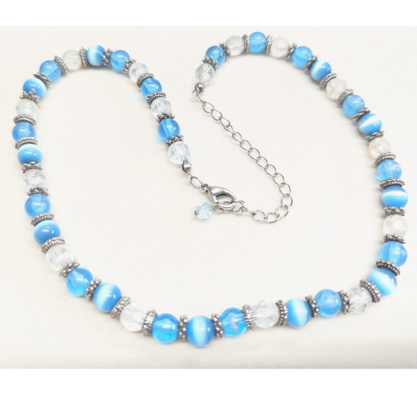 Vintage Beaded Necklace Blue Cats Eye Glass Silver Tone Boho Strand Clear Beads