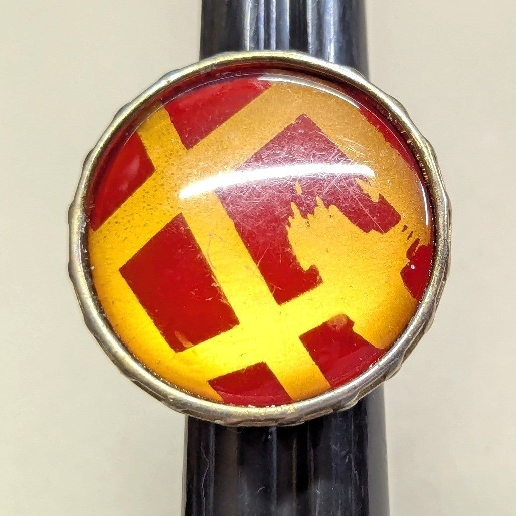 Vintage Geometric Glass Cabochon Cocktail Stretch Ring Red Gold Tone Band Round