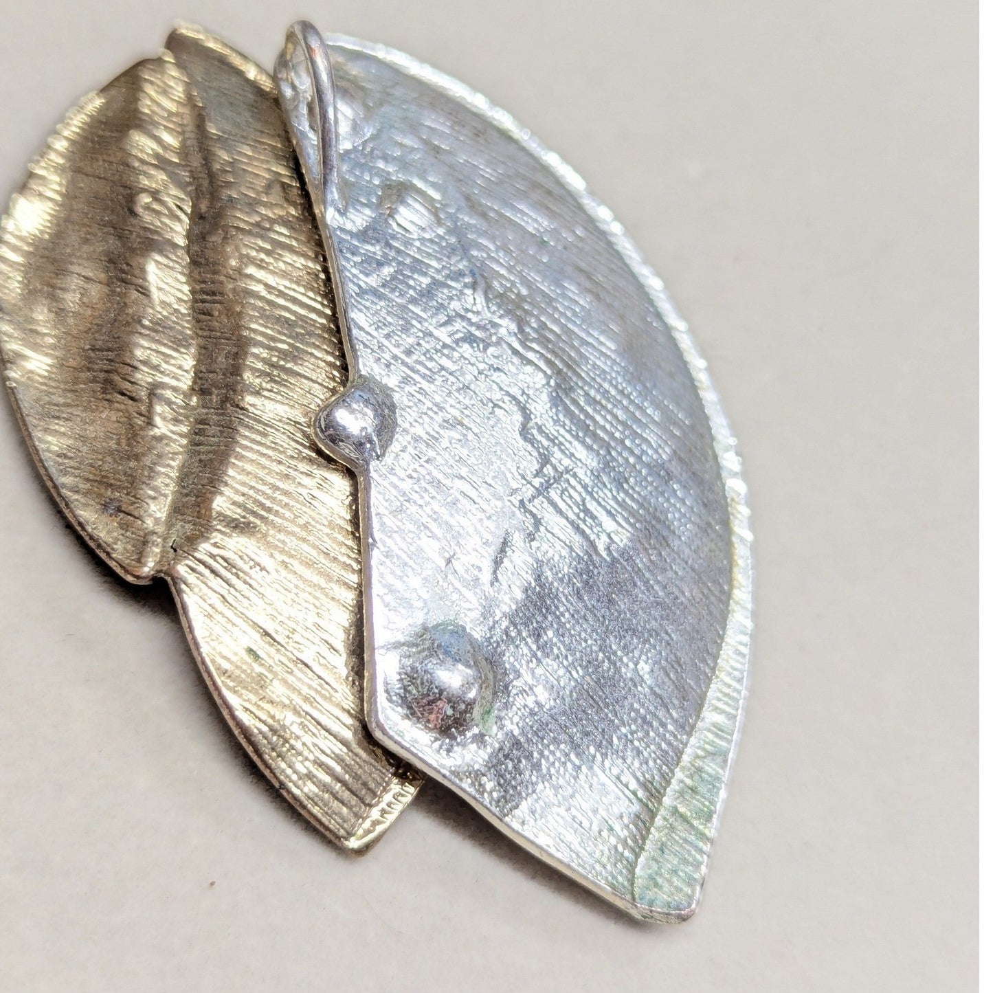 Vintage Mixed Metal 3 Inch Leaf Pendant Gold Silver Tone Hammered Organic Modern