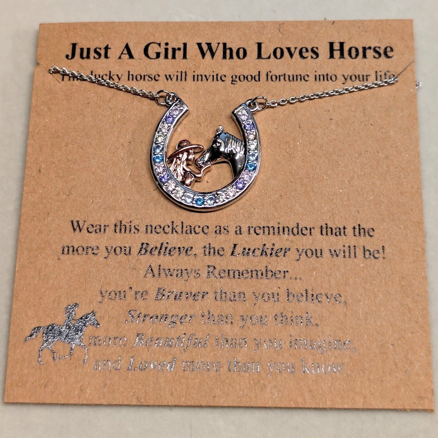 NEW Just A Girl Who Loves Horses Necklace Silver Rose Tone Horseshoe Rhinestone