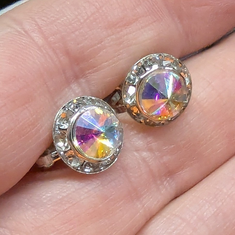 New Clip On Earrings Silver PLated Aurora Borealis AB Crystal Halo Round Wedding