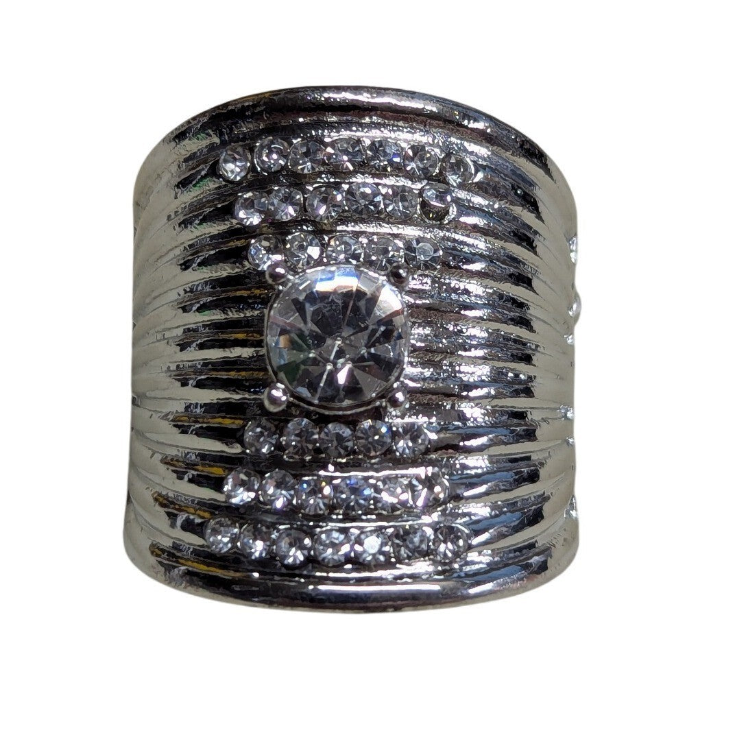 New Wide Band Clear Rhinestone Ring Silver Tone Ribbed Statement Noodle Cocktail