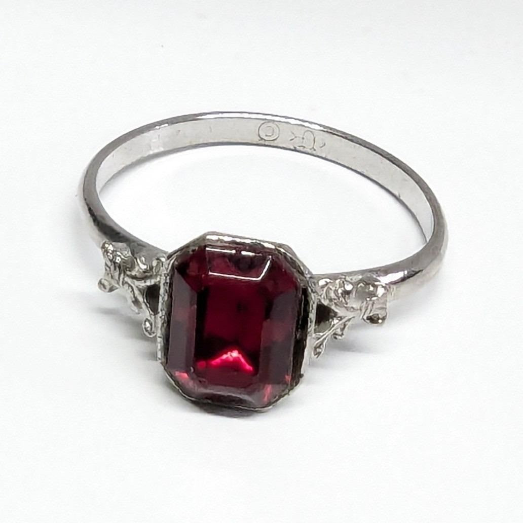 Vintage Uncas Faux Ruby Red Emerald Cut Ring Adjustable Silver Tone Filigree