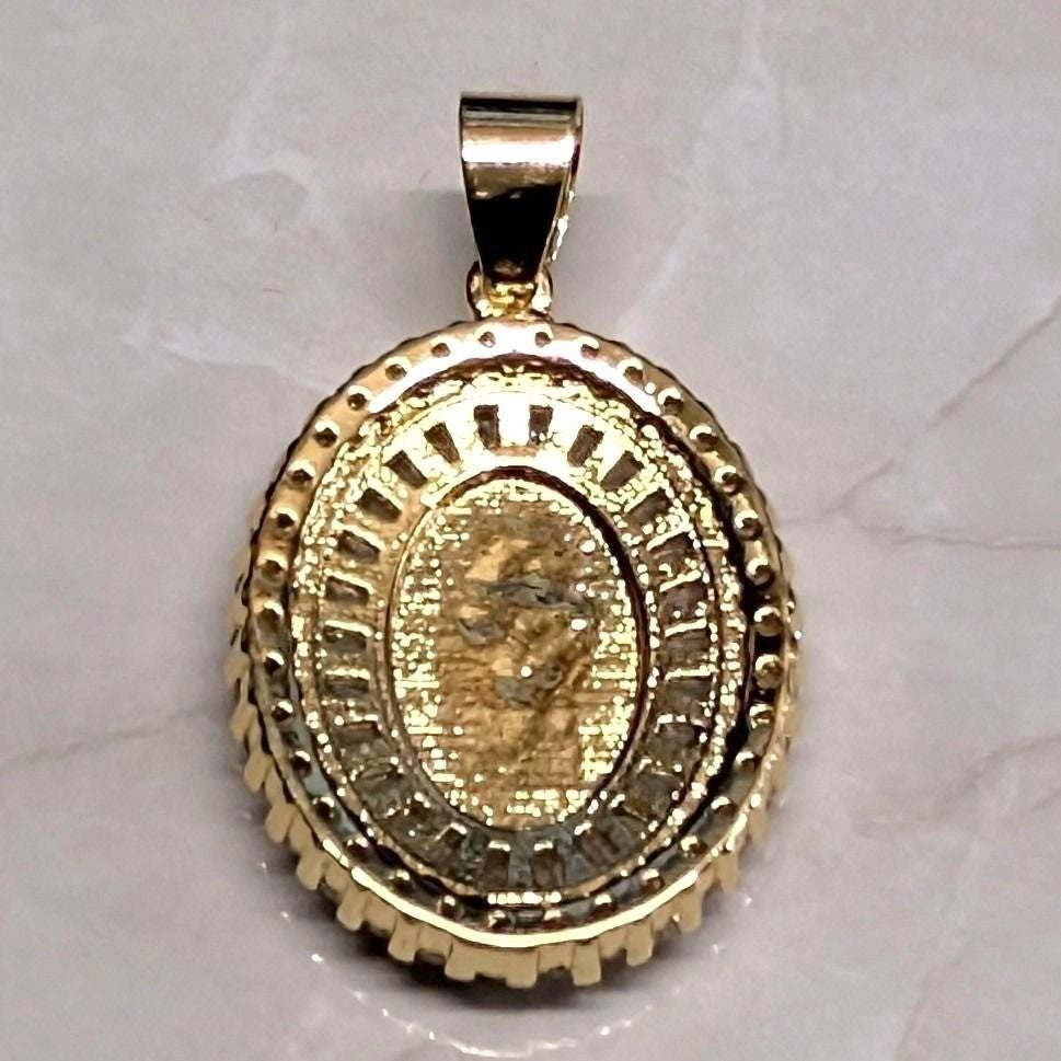 New Virgin Mary Our Lady of Guadalupe Pendant Gold Flashed Clear Rhinestones CZs