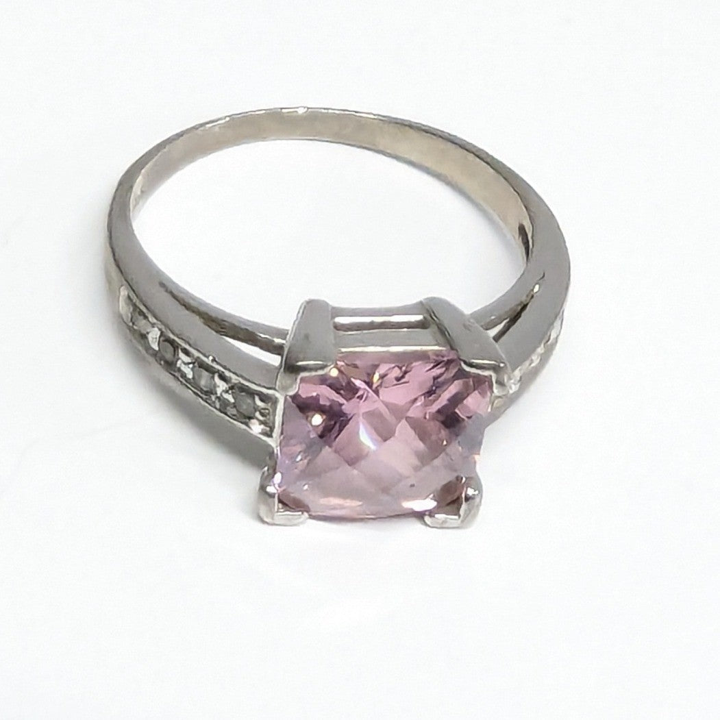 Sterling Silver 925 Pink Stone Ring Size 6.5 Square Cut Faceted Clear Rhinestone