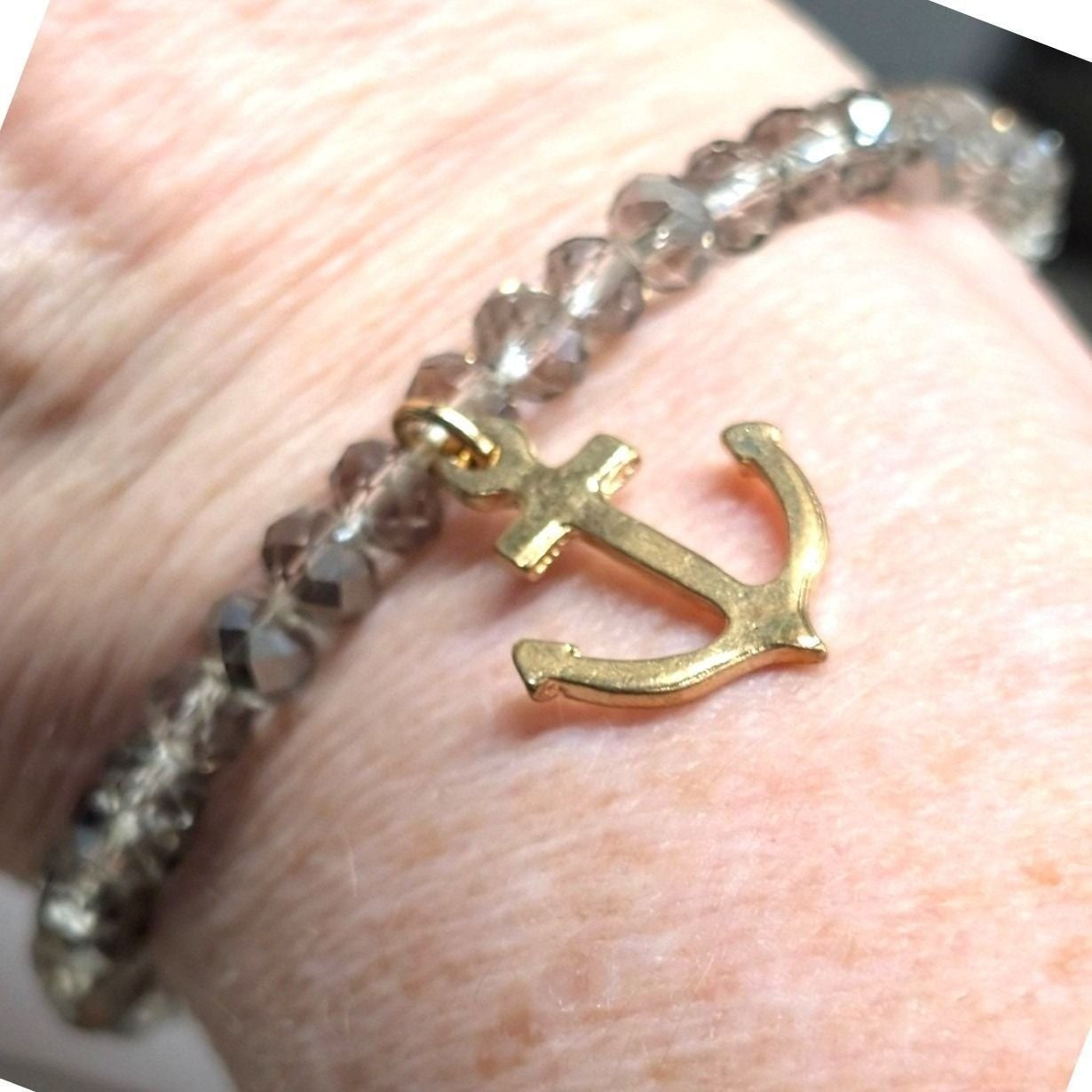 Anchor Charm Beaded Stretch Bracelet Clear Gray Gold Silver Nautical Coastal