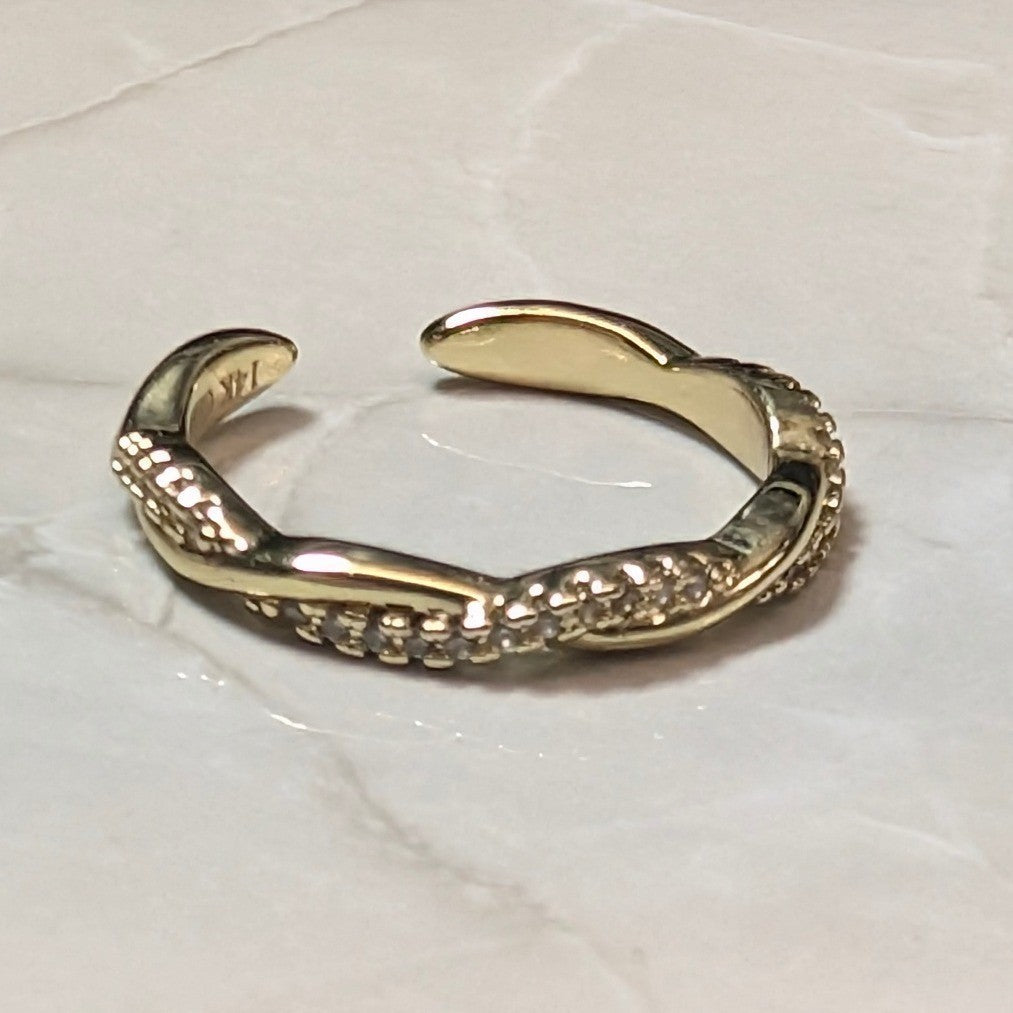 New 14K Gold Plated GP Twisted Pave Band Ring Size 4 CZ PInky Midi Toe Open