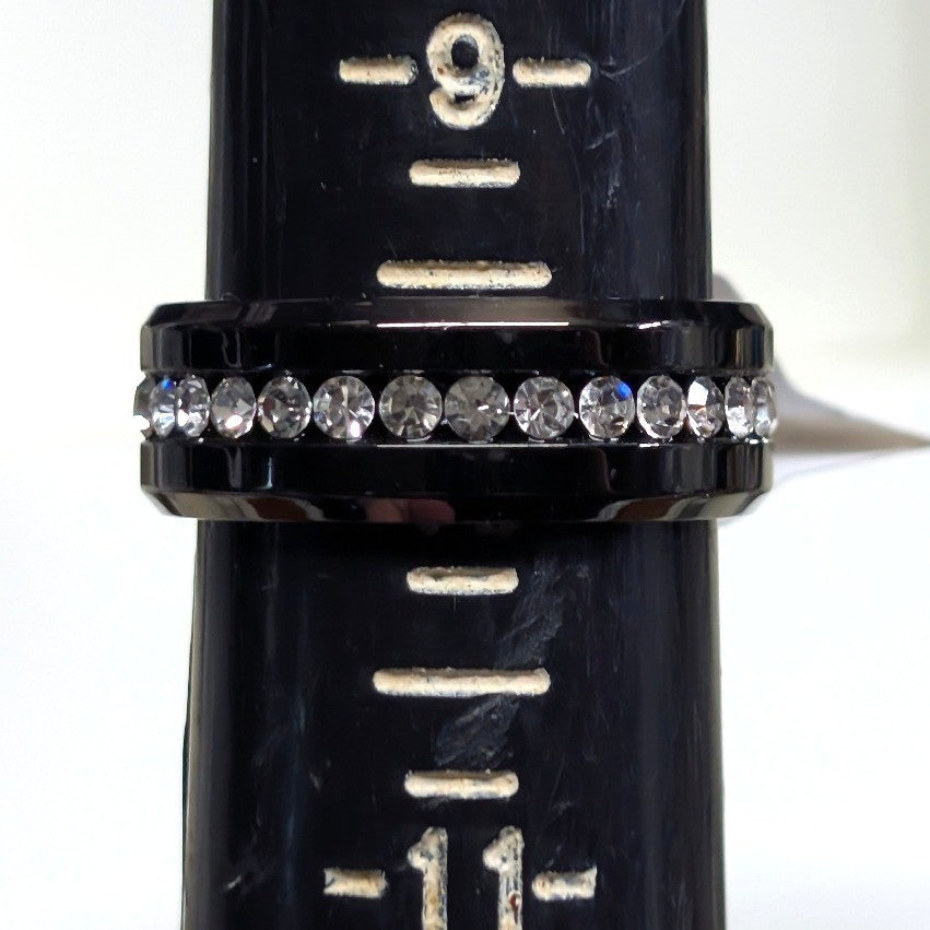 NEW Crystal Eternity Ring PLus Size 10 Black Band Clear Rhinestones Wedding Gift