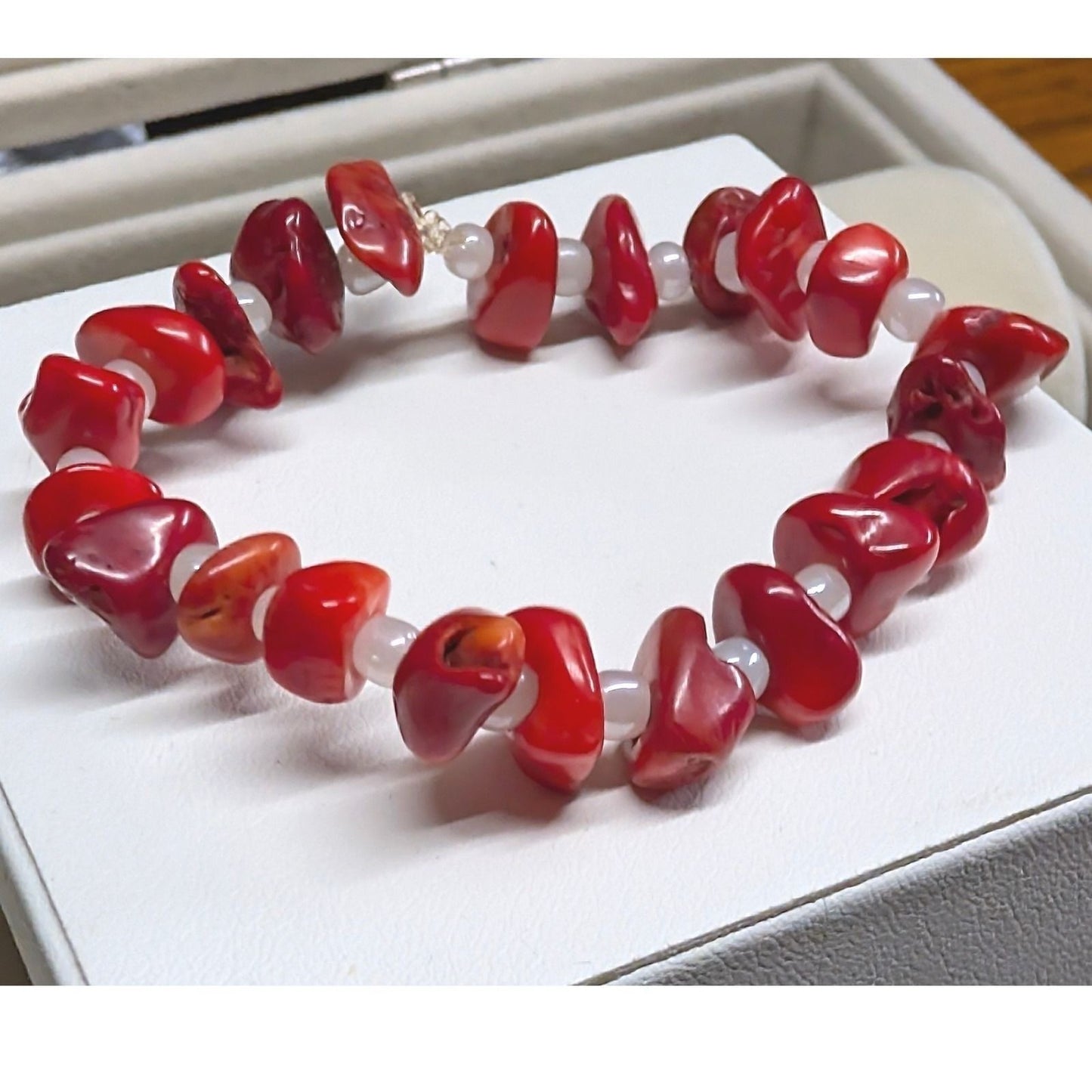 Red Coral ? Nugget Beaded Stretch Bracelet Boho Organic Natural Stone White Bead