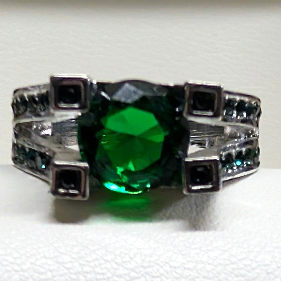 New Green Rhinestones Pave Cushion Cut Ring Size 6 Silver Tone Art Deco Cocktail