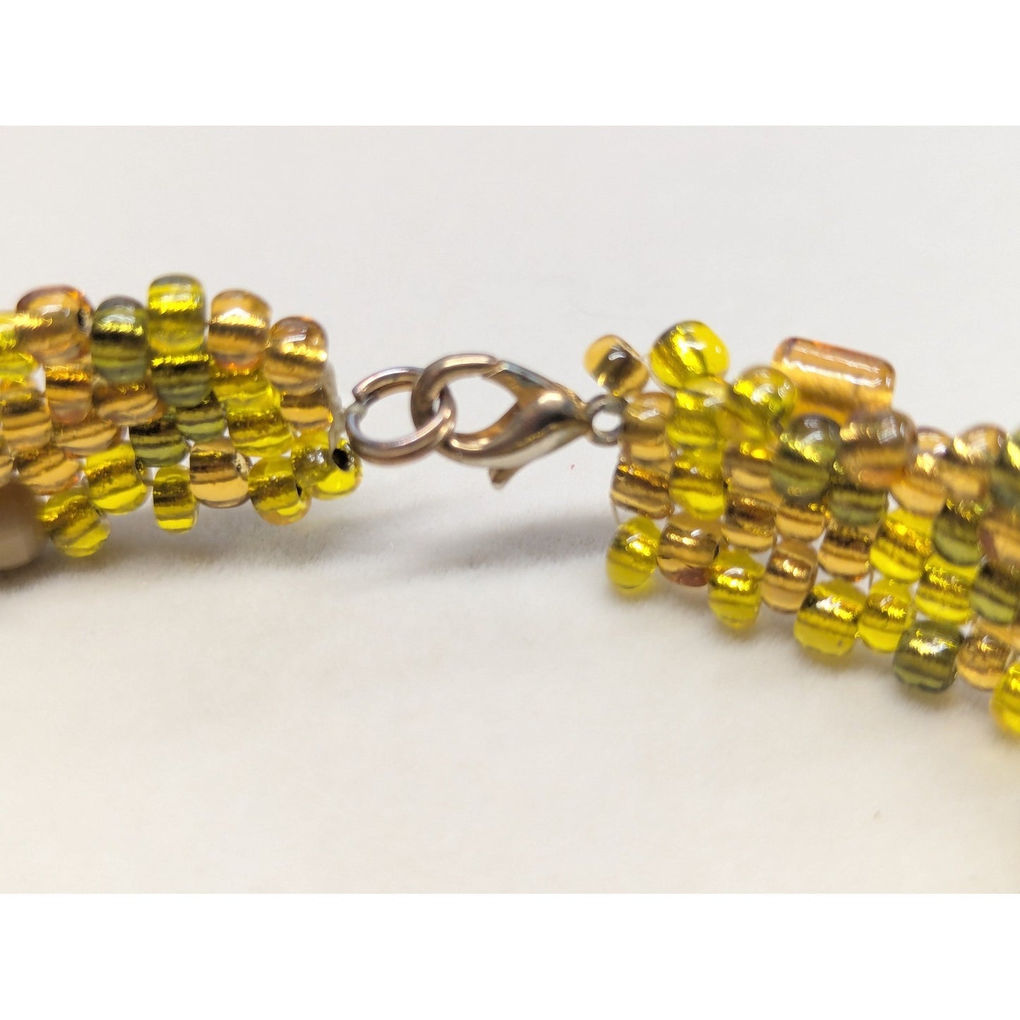 Vtg Handmade Beaded Cuff Bracelet Yellow Amber Green Woven Boho Statement 7.5