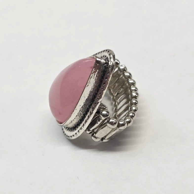 New Cold Pink Tear Drop Pear Stone Statement Ring Silver Tone Stretch Band OSFM