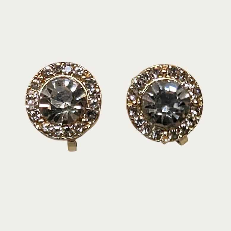 New Clip-On Earrings 14K GP Gold PLated Clear Rhinestone Halo Crystal Pave Round